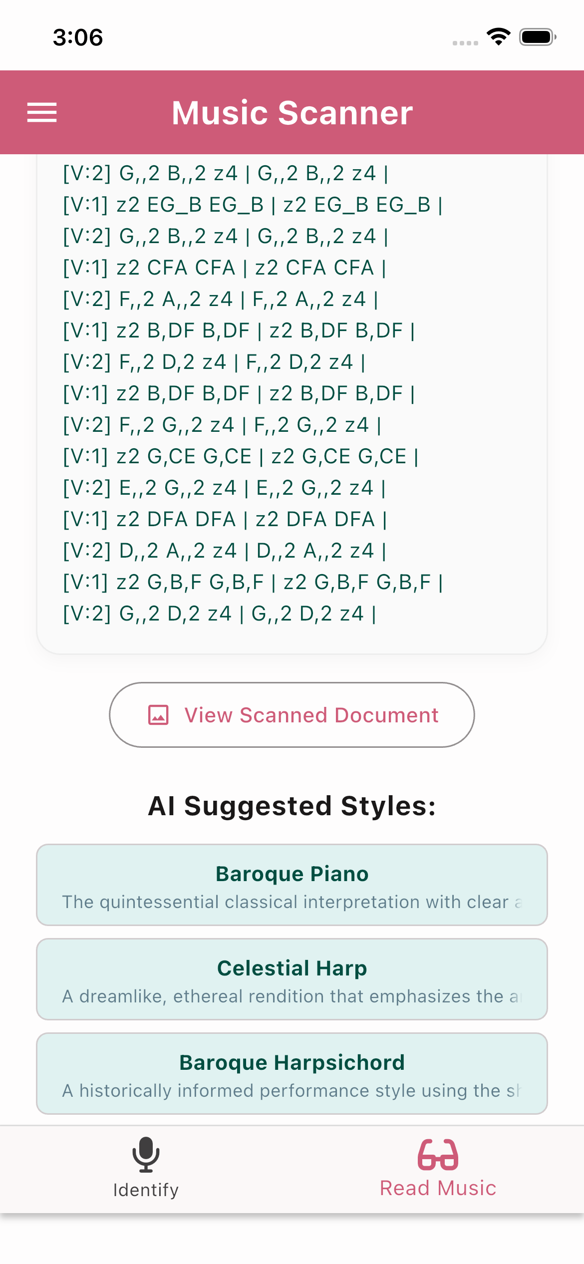 Music identification results screen with Shazam match, lyrics, and AI analysis